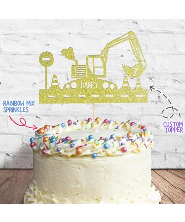 Cakeshop Cake Decoration Pack | Construction Digger Premium Double Sided Glitter Card Cake Topper & 25g Party Pack of Cake Sugar Sprinkles | Custom Name & Age Cake Decorations (Champagne) Prime Glitter Card: Champagne - Buy Online on SooperMarket.com
