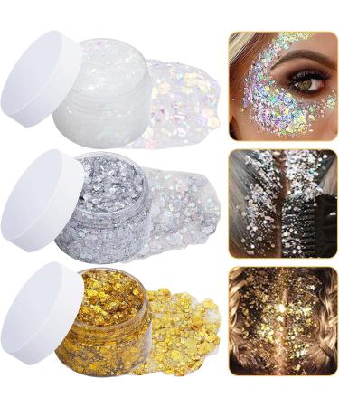 3Pcs Holographic Body Glitter Gel with 3 Makeup Brushes 50ml Mermaid Sequins Sparkling Liquid Eyeshadow Sequins Glitter for Face Body Eye Hair DIY Art Festival Party Makeup Decoration - Buy Online on SooperMarket.com