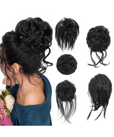 Fulang Hair 5/Pack hair part with rubber band large bun hair part wavy of course artificial hair hair tie women with hair updos hair extension messy bun hair parts (5 pieces/pack) (1b)