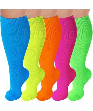 10 Pairs Plus Size Neon over The Calf Socks Extra Wide Socks for Feet Diabetic Lymphedema Sports Training Socks Athletic Socks Unisex Neon Socks Bulk for Women Men Knee High Socks 5 Colors