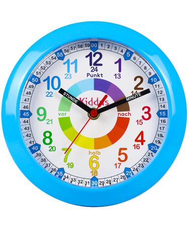 Kiddus wall clock for children boys and girls.Analog time teacher with time learning exercises.Learn to read the time very easily.German blue blue.21cm