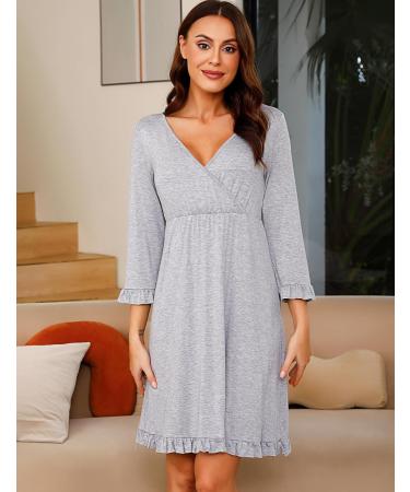 Bresdk Women's Maternity Nightdress: Long Sleeve Breastfeeding Nightgown in Grey - Buy Online on SooperMarket.com
