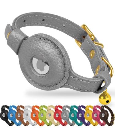 OOPSDOGGY AirTag Cat Collar with Bell - Non Breakaway Leather Kitten Collar with Apple Air Tag Holder - Lightweight Integrated GPS Pet Collars for Girl Boy Cats Small Dogs Puppies (Gray)