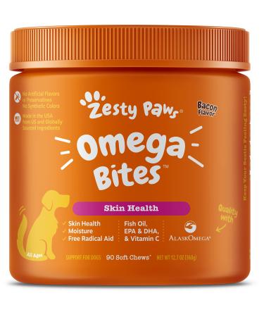 Zesty Paws Omega Bites for Dogs Skin & Coat All Ages Bacon Flavor 90 Soft Chews