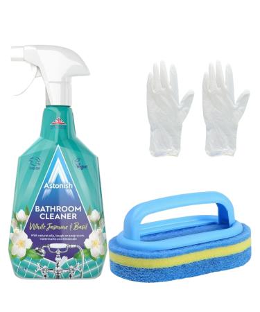 Bathroom Cleaner Spray Set - Bundle Includes Astonish Bathroom Spray 750ml Durable Cleaning Sponge and Pair of Disposable Gloves - Restores Bathroom Shine by Removing Tough Dirt