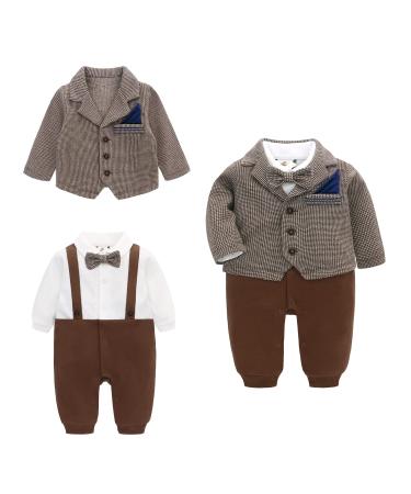 famuka Baby Boy Formal Wedding Outfit Suit with Bows Outwear Gentleman Tuxedo 2 PCS 3 Months Brown