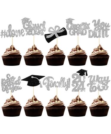 FoldTier 100 Pcs Graduation Cupcake Toppers Congrats Grad Class of 2024 Graduation Cupcake Picks Diploma Cupcake Toppers Supplies for Cake Graduation Party Decorations (Black Silver)