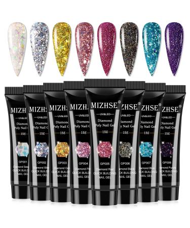 MIZHSE Diamond Glitter Poly Nails Gel Set Siver Gold Poly Nail Gel Nail Extension Gel Kit Blue Red Nail Builder Gel with Poly Nail Forms Nail Enhancement Manicure Kit for Nail Salon Gel Polish Starter Set14-