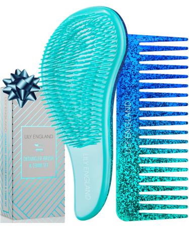Lily England Detangle Hair Brush & Wide Tooth Comb Christmas Stocking Fillers For Girls - Best Gift for Women Under 10 Pounds & Stocking Filler Idea - Secret Santa Gifts For Women Blue Detangler and Comb Set Blue Glitter