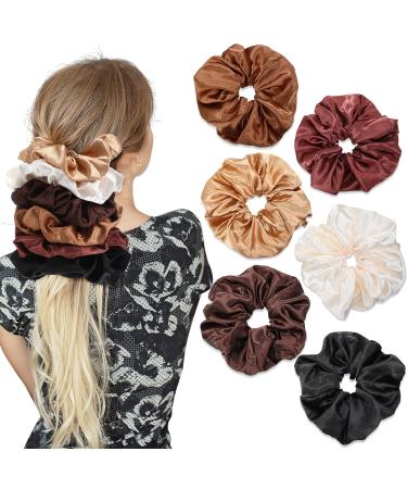6 pieces oversized Satin hair tie soft silk elastic hair band set hair tie horses horseshock holder for girls (white reddish brown black bright coffee dark coffee brown)