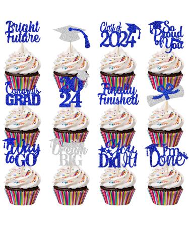 Graduation Cupcake Toppers 2024 Blue Class Of 2024 Cupcake Toppers Blue 2024 Cupcake Toppers Graduation Cupcake Picks Graduation 2024 for Graduation Party Decorations 2024 Blue and Silver - 36Pcs