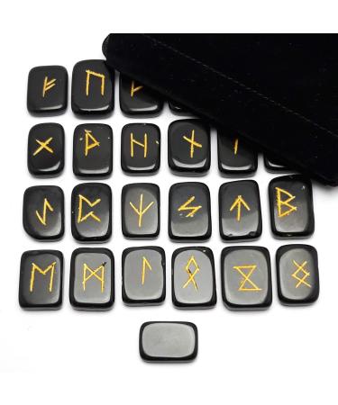 Black Tourmaline Runes Crystal Rune Stones Set Elder futhark Viking Gemstone Reiki Healing Golden Engraved Runic Alphabets (Black Tourmaline) - Buy Online on SooperMarket.com