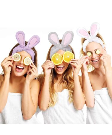 Whaline 4 Pack Easter Rabbit Ear Makeup Headband Set for Women - Coral Fleece Elastic Head Wrap for Party, Beauty Shower - Blue, White, Gray, Purple - Buy Online on SooperMarket.com