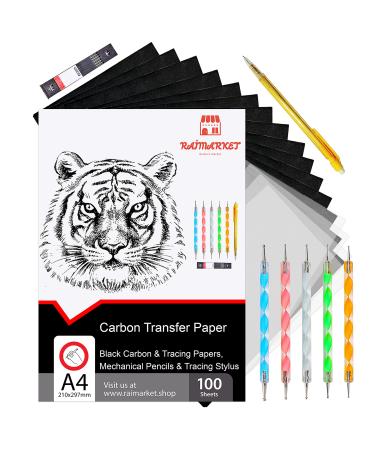 Raimarket 112 Pcs Black Carbon Paper for Tracing On Fabric  Wood and Sewing Includes 5 Tracing Paper for Sewing Patterns  1 Pencil and 1 Lead Box  5 Stylus  A4 Size (9 X 13) Graphite Transfer Paper