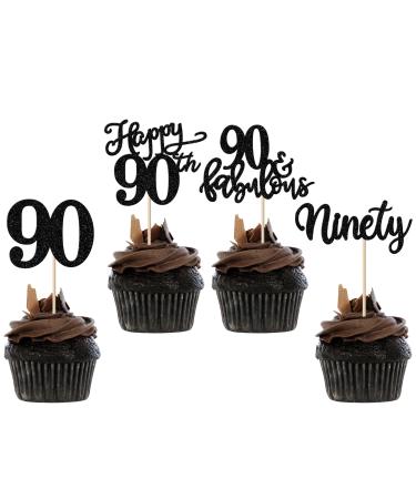 Rsstarxi 24 Pack Glitter 90th Birthday Cupcake Toppers Ninety 90 Fabulous Cupcake Picks Decorations for Happy 90th Birthday Wedding Anniversary Party Cake Decorations Black Design 1 90th Blcak