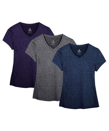 icyzone women's sports fitness t-shirt short sleeve V-neck running shirt short sleeve yoga top 3-pack L Royal Blue/Purple/Charcoal/