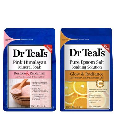 Dr Teal's Epsom Salt Bath Combo Pack (6 lbs Total), Restore & Replenish with Pink Himalayan, and Glow & Radiance with Vitamin C and Citrus Essential Oils