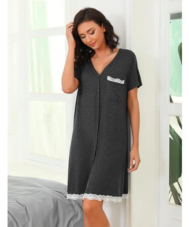 Uniexcosm Maternity Nursing Nightdress - Women's Short Sleeve Nightwear in Soft Dark Grey Stripe - Button Down Nightgown for Comfortable Sleep - Maternity Pyjamas Nightshirt - Buy Online on SooperMarket.com