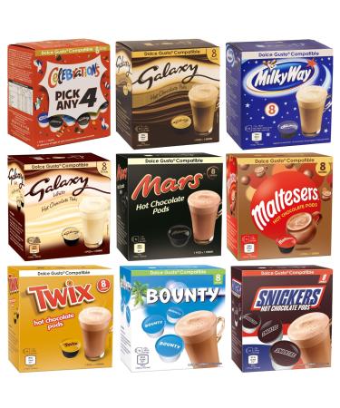 Caff luxe Hot Chocolate Pods - Dolce Gusto Machine Compatible Pod Set - Pick Any 4 Packs from 9 Flavours (Galaxy Twix Bounty Milky Way Maltesers Snickers Mars) - Chocolate Milk Capsules