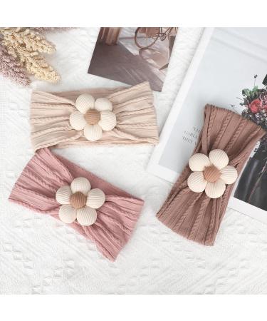 3pcs Baby Flower Headbands - Soft Nylon Hairbands for Newborns & Toddlers | Beige Pink Khaki Accessories - Buy Online on SooperMarket.com