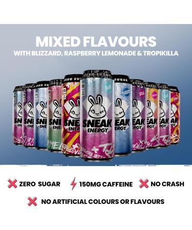 SNEAK | Cans Mixed Flavours with Blizzard Raspberry Lemonade & Tropikilla | Zero Sugar Low-Calorie Energy Drink for Sustained Concentration & Focus | 500ml x 12 - Buy Online on SooperMarket.com