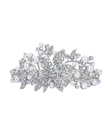 EVER FAITH Austrian Crystal Bridal Hibiscus Cream Simulated Pearl Hair Clip Barrette Clear Silver-Tone