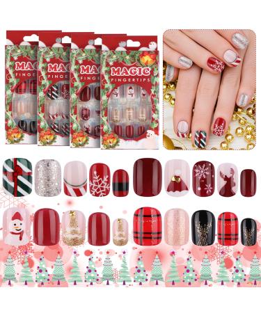 EBANKU 96 Pcs Christmas Coffin False Nails Short Fake Nails Acrylic Press on Nails Full Cover False Nail Kits With 96Pcs Nail Adhesive Tabs Snowflake Elk Design Nail Art Decoration for Women Girls
