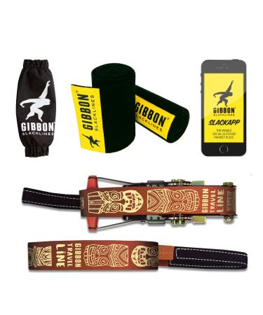 Gibbon Slacklines Travelline with treewear, Brown, 49ft (41ft line + 8ft Ratchet Strap with Reinforced Loop) incl. Ratchet Protection, Tree and line Protection (Black Felt), 50mm/2" Wide