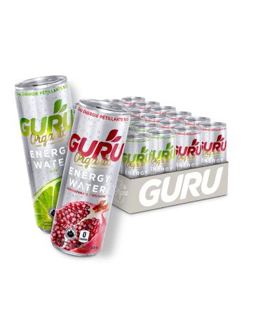 GURU Energy Sparkling Water Mix Pack | 0 Calories | Sugar Free | Certified Organic | 100mg Caffeine | Naturally Sweetened | 355ml (Pack of 24) (24 Pack Lime & Pomegranate)