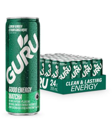 GURU Matcha Organic Energy Drinks Clean Energy Drink with Plant Based Natural Caffeine from Green Tea Low Calorie Gluten Free 140mg Caffeine Healthy Drinks Lemon Ginger 355mL (Pack of 24)