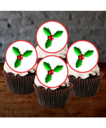 PRECUT Christmas Holly Cupcake Toppers Christmas Edible Holly Cake Decorations Christmas Cake Topper Xmas Cupcake Decoration Holly Cake Decorations (24)