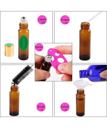 24 Pack Inice Roller Bottles for Aromatherapy Essential Oils - Amber Glass 10ml Refillable Containers with Accessories and Roller Ball - Buy Online on SooperMarket.com
