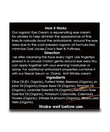 Organic Eye Cream for Dark Circles, Puffiness, Wrinkles & Bags | USDA Certified with Calendula, Bilberry & Shiitake Mushroom - pH Balancing - Buy Online on SooperMarket.com