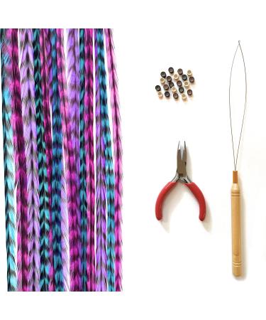 Feather Hair Extensions, 100% Real Rooster Feathers, Long Pink, Purple, Blue Colors (B1 Striped Kit)