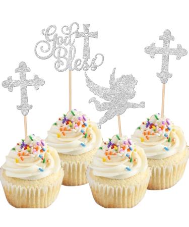 Rsstarxi 24 Pack God Bless and Cross Cupcake Toppers Glitter Angel Christening Babyshower Boy Baptism Cupcake Picks Decorations for First Communion Baptism Party Cake Decorations Silver