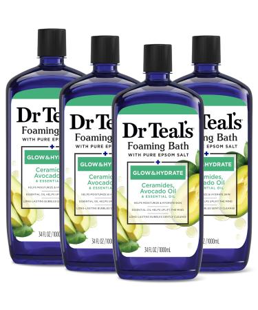 Dr Teal's Foaming Bath with Pure Epsom Salt Glow & Hydrate with Ceramides Avocado Oil & Essential Oil 34 oz (Pack of 4)
