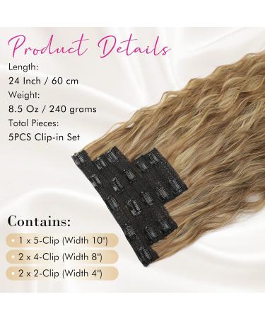 REECHO Clip in Hair Extensions - 5PCS Brown 24 Thick Long Loose Waves HE002 - Invisible Lace Weft Natural Soft Hairpieces for Women - Light Brown with Blonde Highlights - Buy Online on SooperMarket.com
