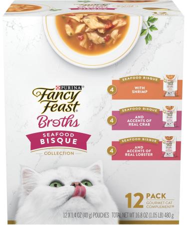 Fancy Feast Purina Limited Ingredient Cat Food Complement Variety Pack, Broths Seafood Bisque Collection - (12) 1.4 oz. Pouches