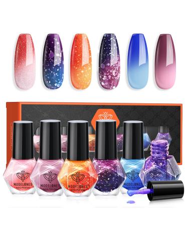 Modelones Nail Polish Set 6 Colors Color Changing Nail Polish Red Orange Pink Nail Polish Nail Varnish Finger Pink Nail Polish Manicure DIY Nail Art Salon Home For Women