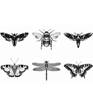 Dopetattoo 6 Sheets Temporary Tattoo Realistic Insects Death's-Head Moth Dragonfly Fake Tattoos Neck Arm Chest for Women Men Adults
