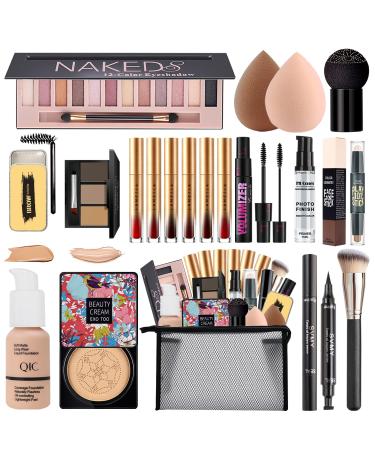 All in One Makeup Kit Includes Naked Eyeshadow Liquid Foundation CC Cream Lipstick Set Mascara Makeup Brush Makeup Sponge Eyebrow Powder Eyebrow Soap Eyeliner Stamp Primer Contour Stick Cosmetic Bag Beige Foundation&Natural CC