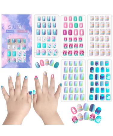 SIUSIO 120Pcs 5 Pack Children Acrylic Fake Nails Press on Pre-glue Full Cover Glitter Gradient Color Short False Nail Art Kits Sets Great Christmas Gift for Kids Little Girls - Mermaid Beach