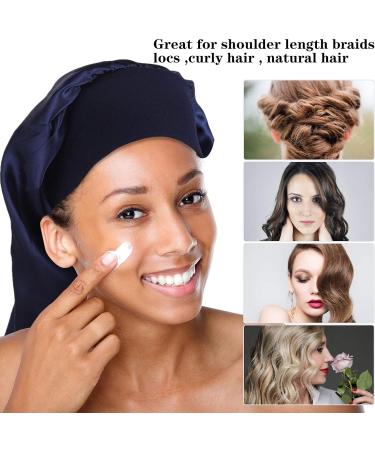 Firtink 3 Pcs Long Satin Bonnet Sleep Cap Set for Natural Hair - Black, Navy, Purple - Wide Elastic Band for Women - Extra Large Silk Bonnet for Night Sleep - Buy Online on SooperMarket.com