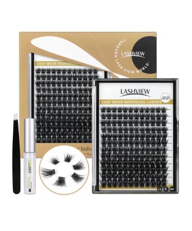 LASHVIEW DIY Lash Extension Kit,Cluster Lashes,Individual Cluster Lashes Soft and Lightweight, 0.10mm 9-14mm Mixed Reusable Wide Band Lash Cluster at Home 56D-daily kit