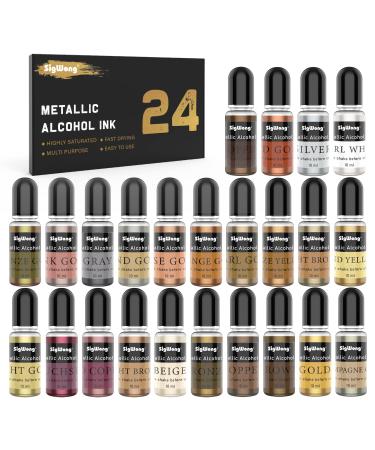 Metallic Alcohol Ink Set - 24 Metal Color Alcohol-Based Ink, Shimmer Mixatives Epoxy Resin Paint Colour Dye Great for Resin Petri Dish, Yupo, Coaster, Painting, Tumbler Cup Making(10ml Each)