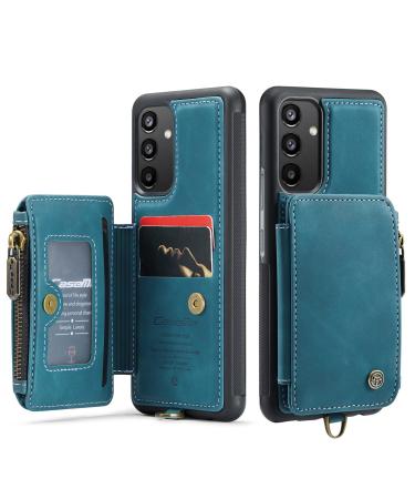 Soonic protective cover for Samsung Galaxy A34 5G leather magnetic wallet card compartment zipper folding envelope with straps stands coin compartment protective cover (A34 blue) A34 blue