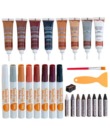 Furniture Repair Kit 34PC - Brushes Markers Scraper Resin Wood Filler Fillers with Wood Putty Any Color Wood Combination Scratch Repair