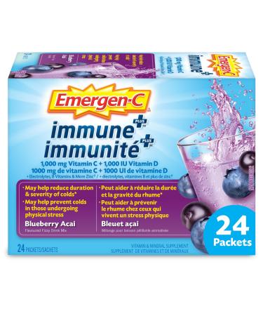 Emergen-C Immune+ 1000mg Vitamin C Powder Supplement Drink Mix Immune System Booster Blueberry Acai 24 Packets Blueberry-Acai 24 Count (Pack of 1)