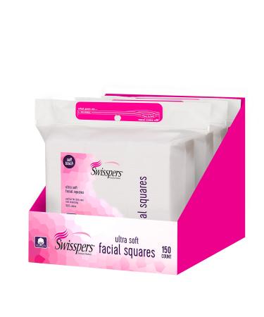 Swisspers Premium Ultra Soft Facial Square Pads 100% Pure Cotton 150-Count Pads per Pack 3 Packs (450 Pads Total)