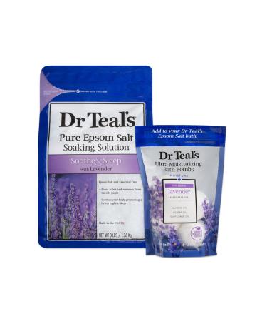 Dr Teal's Epsom Salt Soaking Solution and Ultra Moisturizing Bath Bombs with Pure Epsom Salt Lavender 3lb Bags and 4 Count Bag (Packaging May Vary)